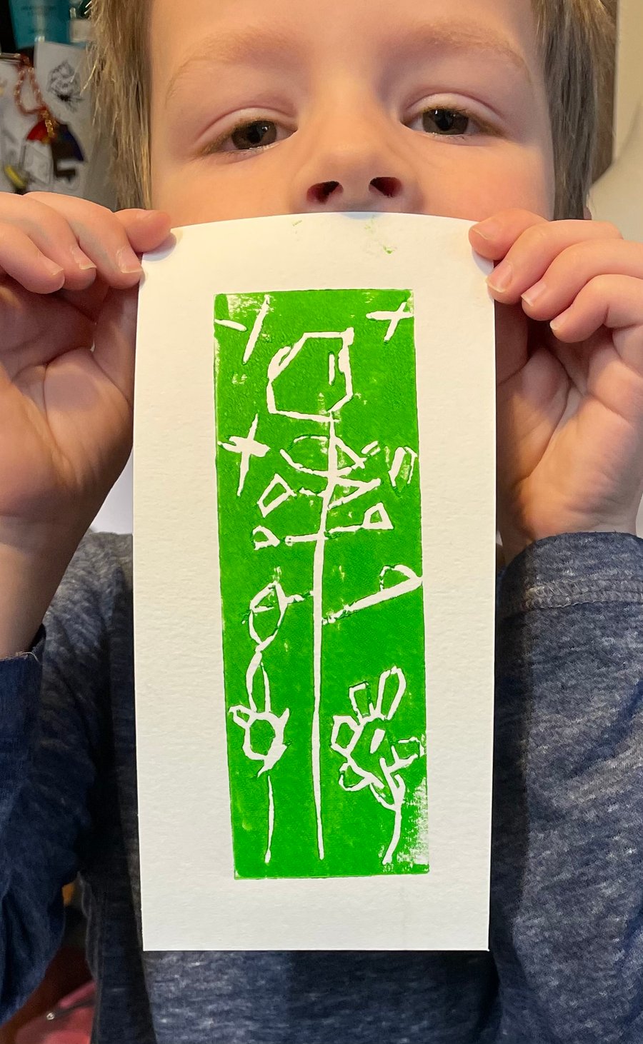 Tree, flower and star by Elijah aged 4 Lino print tree flower and star