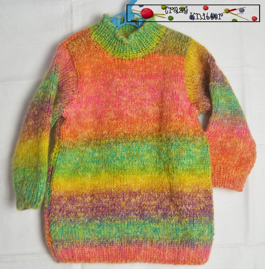 Hand Knitted Kid Sweater Multicoloured Wool Mohair 3-4 years