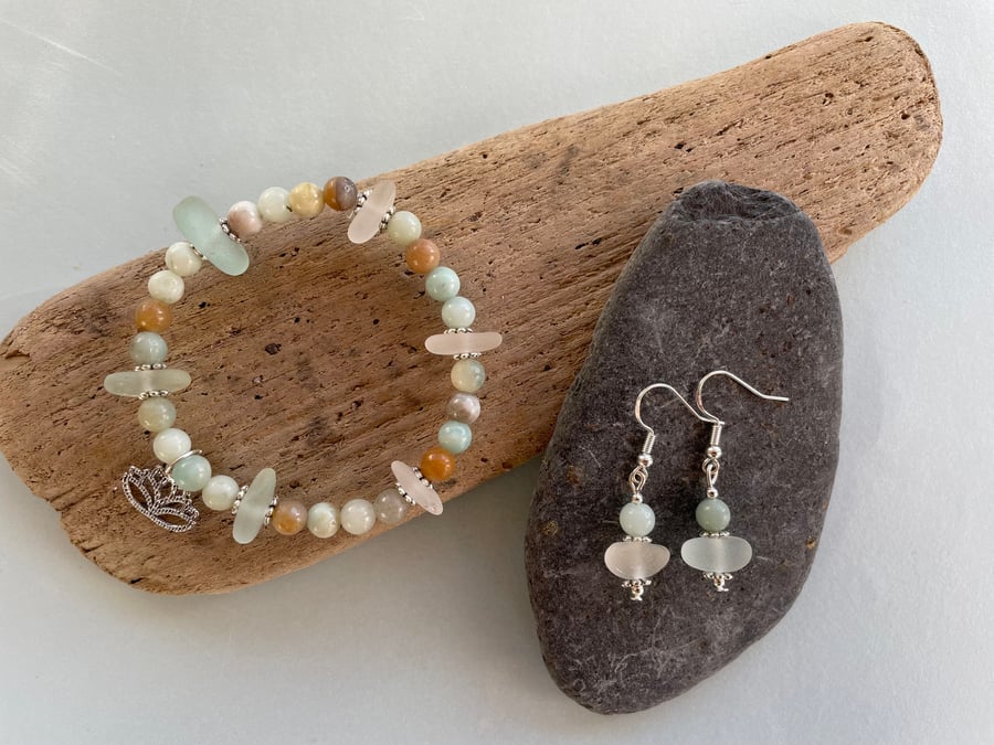 Sea glass and amazonite beaded bracelet and earrings