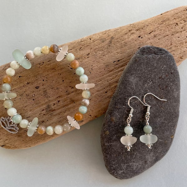 Sea glass and amazonite beaded bracelet and earrings