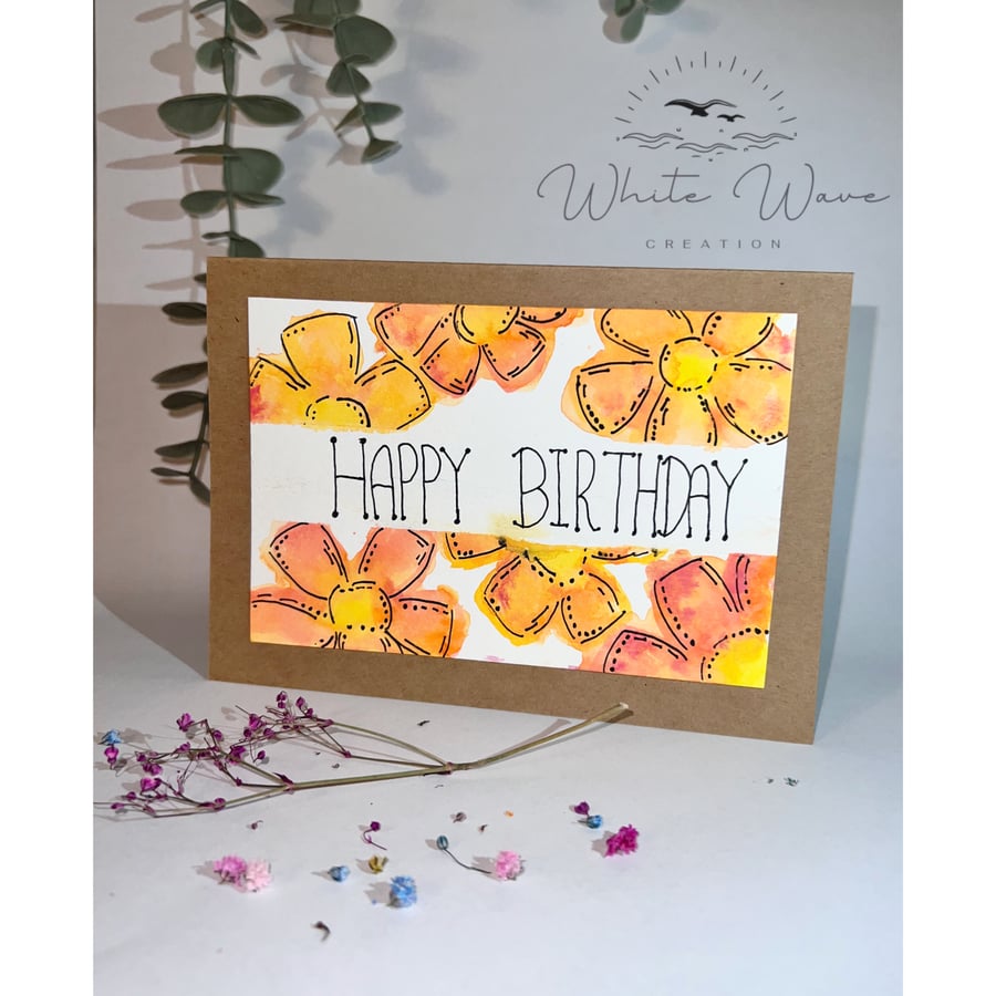 Hand painted water colour floral orange ‘happy birthday’ card