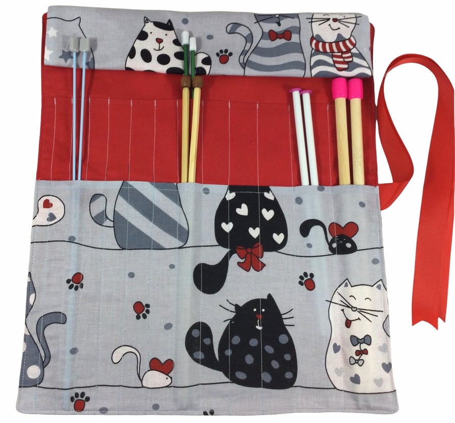 Straight knitting needle case with cats, needle roll, needle case, needle storag
