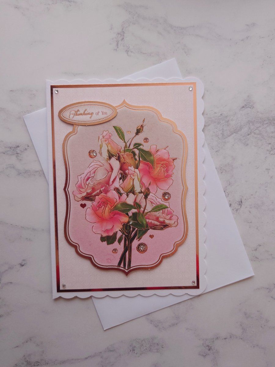 Thinking of You Vintage Rose Gold Flowers Roses 3D Luxury Handmade Card
