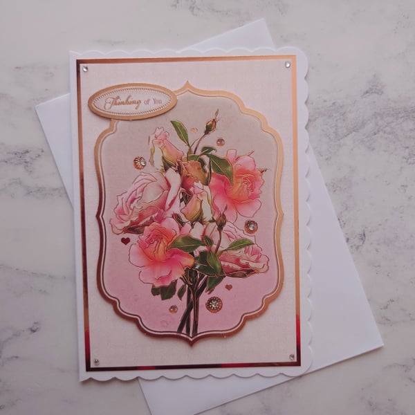 Thinking of You Vintage Rose Gold Flowers Roses 3D Luxury Handmade Card