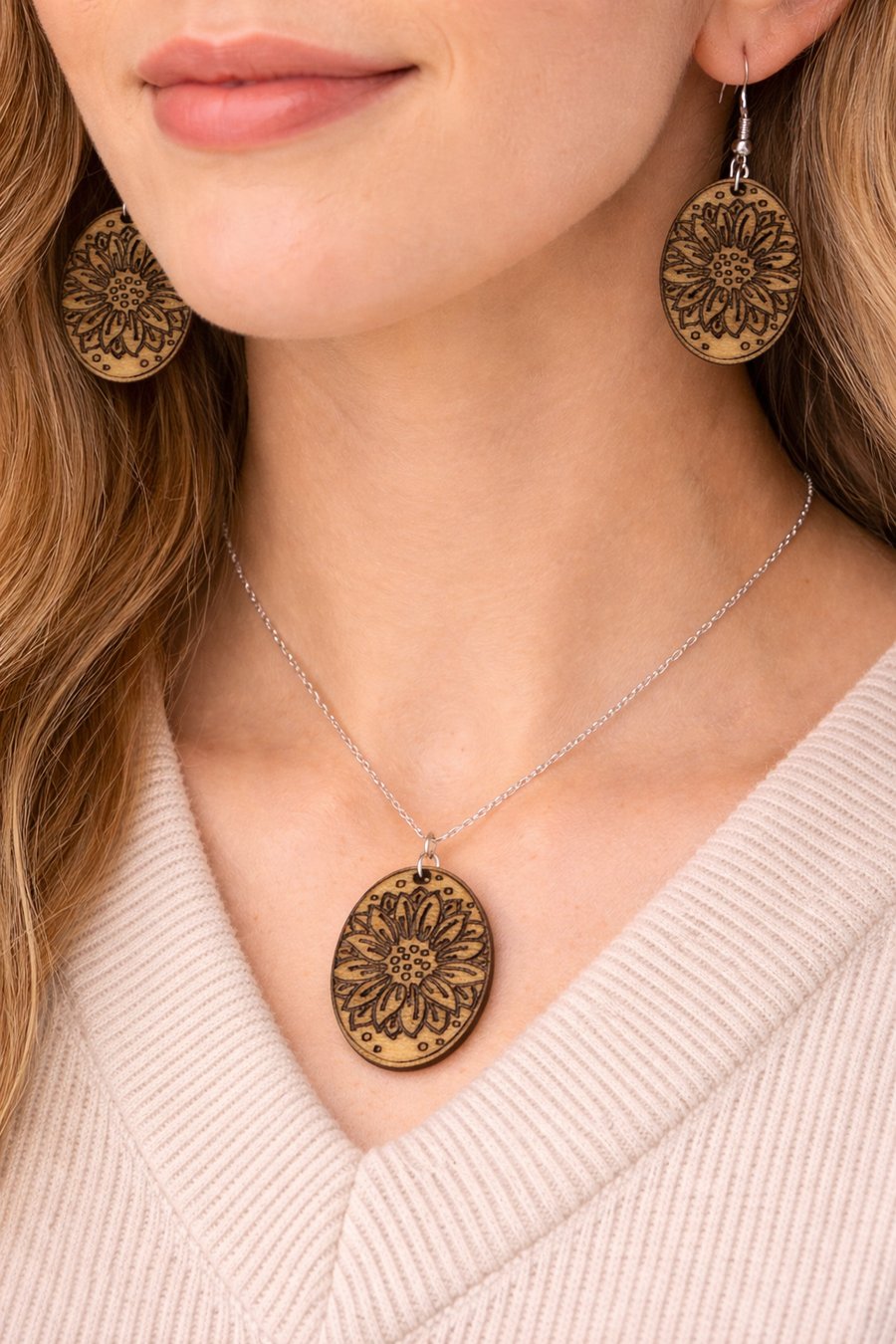 Floral Wooden Jewellery Set – Matching Necklace & Earrings Gift