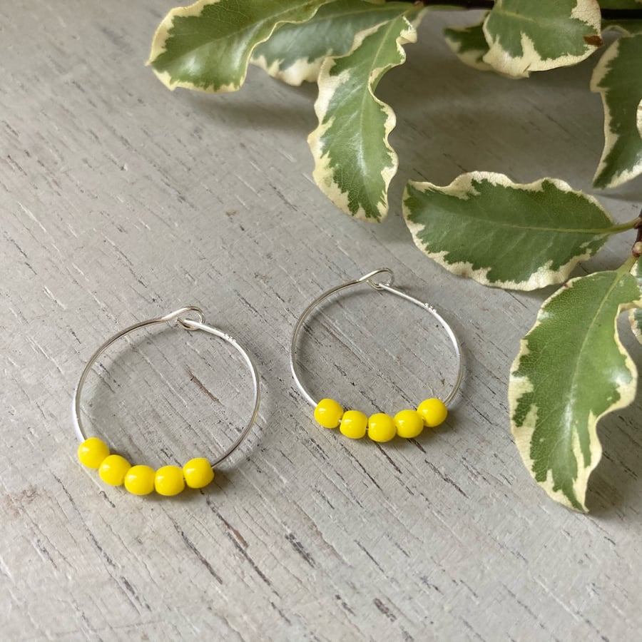 Yellow Beaded Hoop Earrings, sterling silver