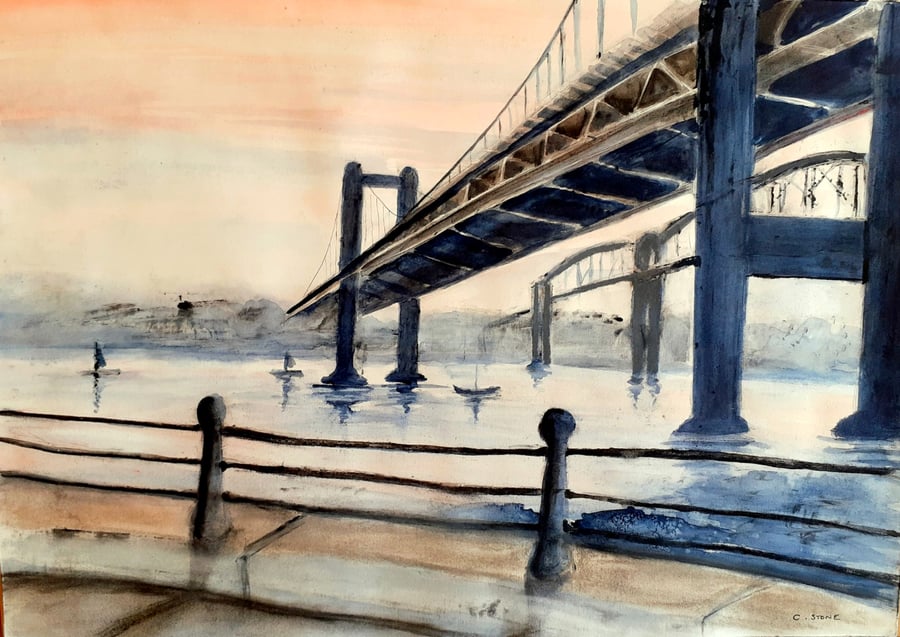 Monoprint with added mixed media, The Tamar Bridges, Saltash, Cornwall A2 size 