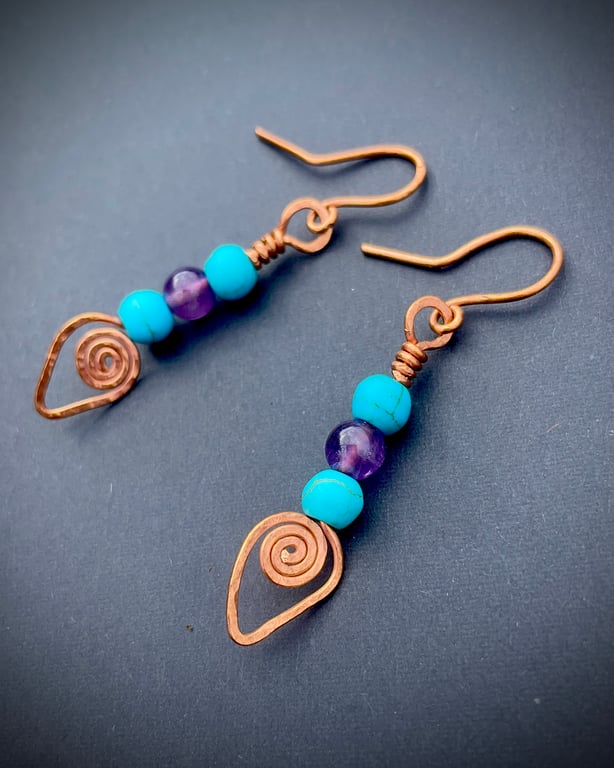 Turquoise Howlite & Amethyst Copper Spiral Earrings ; Approx 5cm Drop