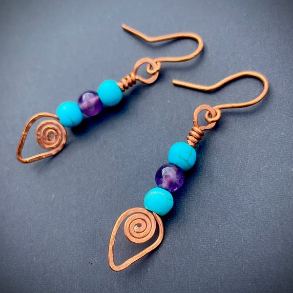Turquoise Howlite & Amethyst Copper Spiral Earrings ; Approx 5cm Drop