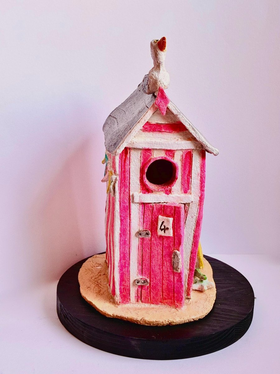 Handmade Pink Striped Ceramic Beach Hut Sculpture with Seagull Coastal Ornament