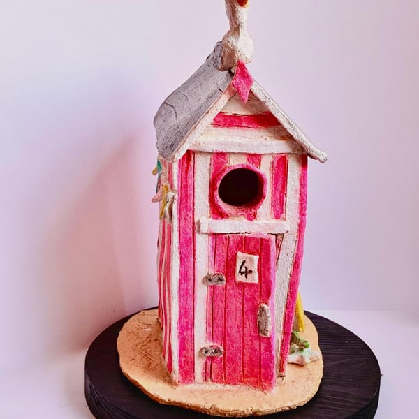 Handmade Pink Striped Ceramic Beach Hut Sculpture with Seagull Coastal Ornament