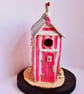 Handmade Pink Striped Ceramic Beach Hut Sculpture with Seagull Coastal Ornament