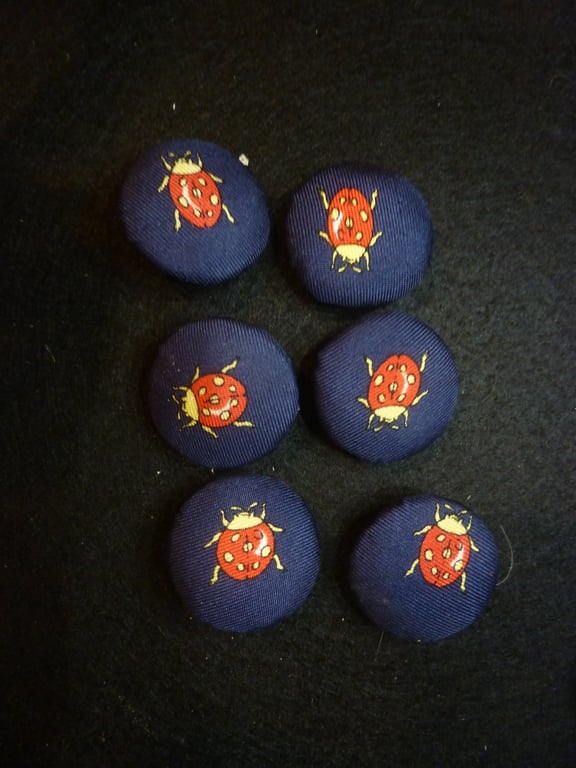 6 Silk Ladybird Buttons Handcrafted 25mm 2 Hole Back Upcycled Unique