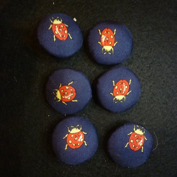 6 Silk Ladybird Buttons Handcrafted 25mm 2 Hole Back Upcycled Unique