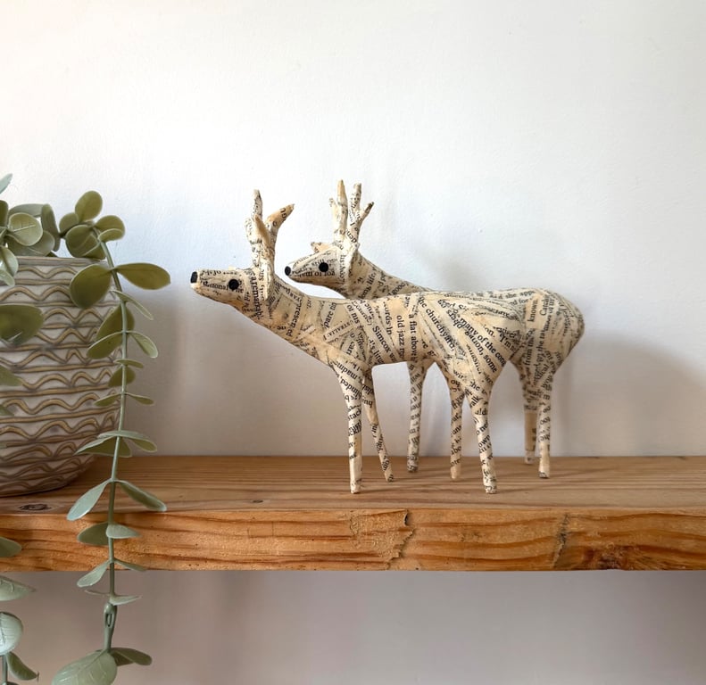 Paper Reindeer Book Sculptures - Set of 2 Handmade Cottagecore Whimsy Art Gifts