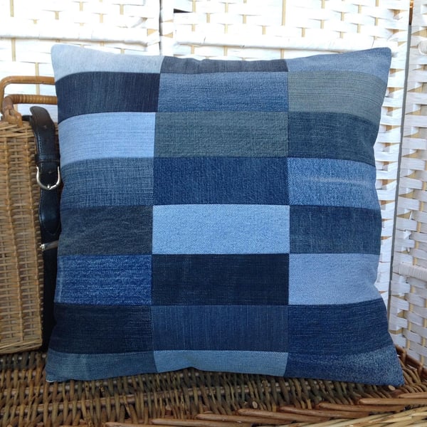 Denim patchwork cushion cover