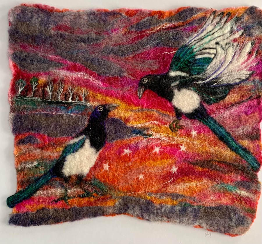 Magpie Joy (original felted painting)