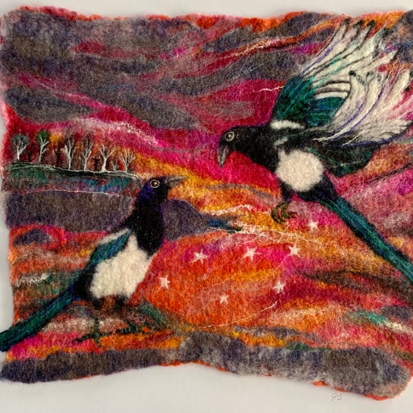 Magpie Joy (original felted painting)