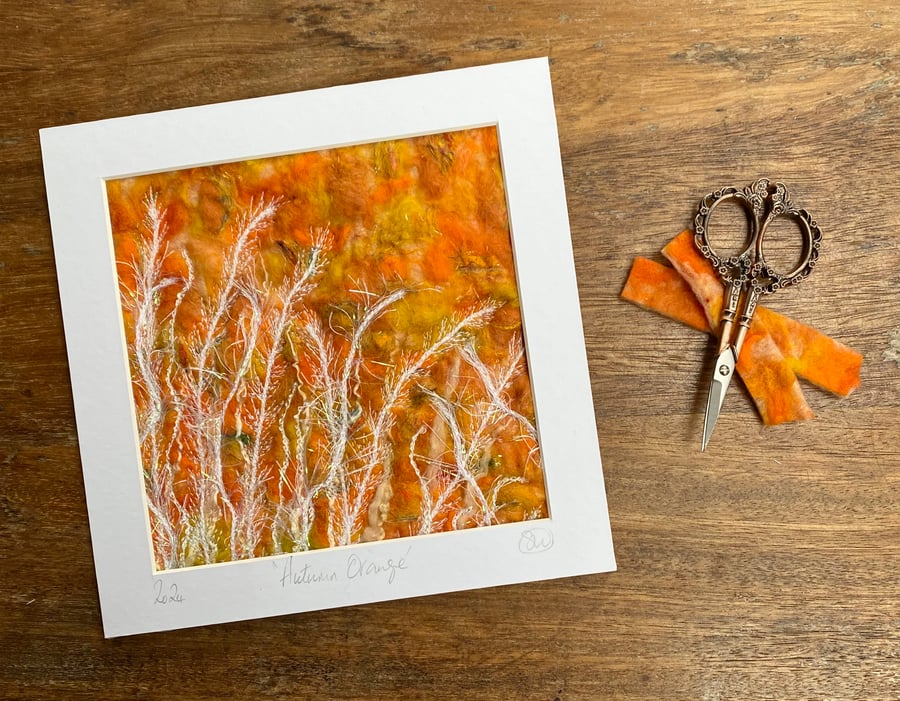 Mounted embroidered autumn orange wet felted artwork, wall art. 