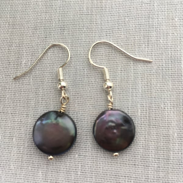 Black coin freshwater pearl earrings - made in Scotland.