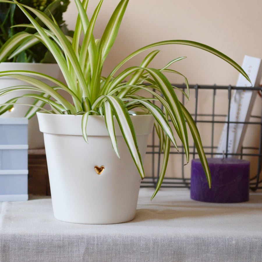 (Small Size) Ceramic Planter Pot embossed with Gold Heart.