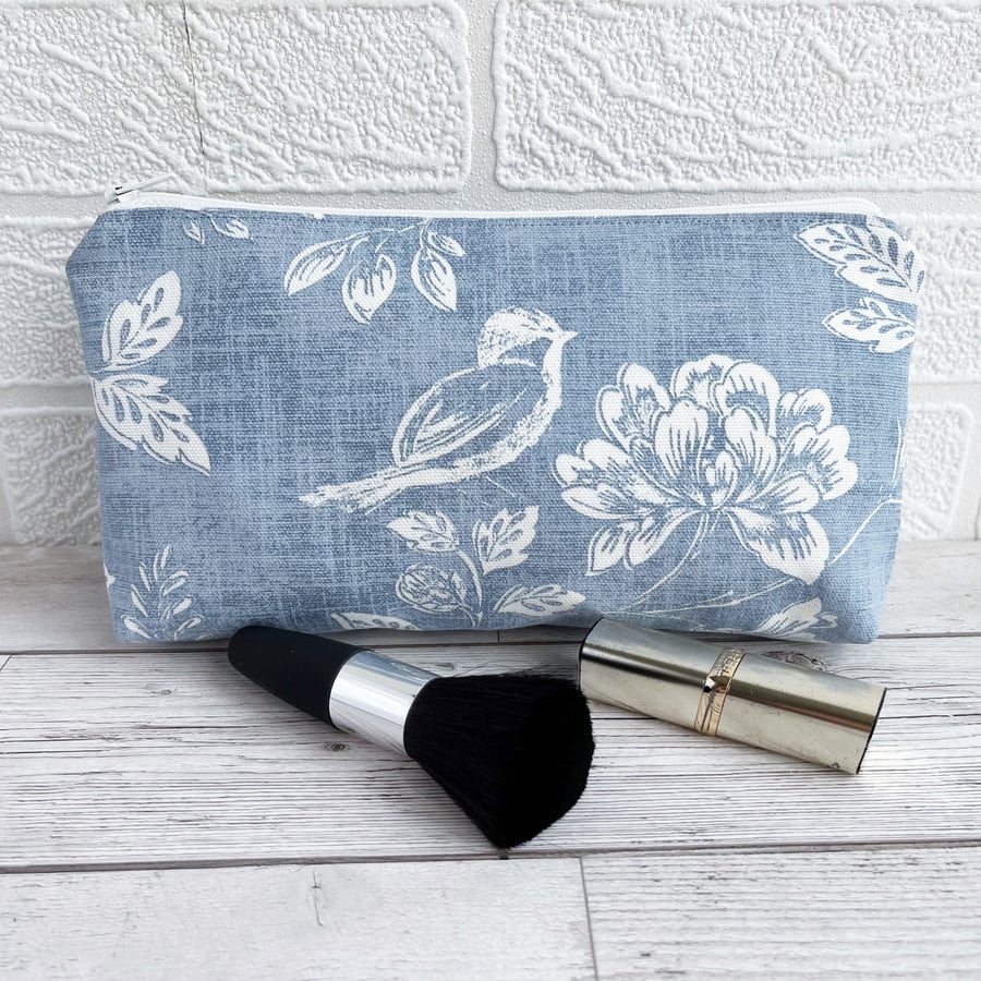 SOLD - Make up bag, Cosmetic Bag in Blue with White Birds and Flowers