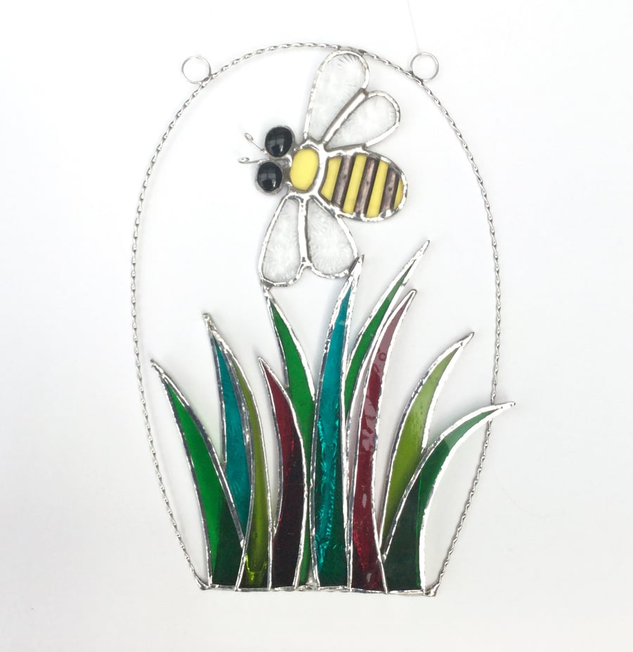Stained Glass Bee over Grass Suncatcher - Handmade Window Decoration 