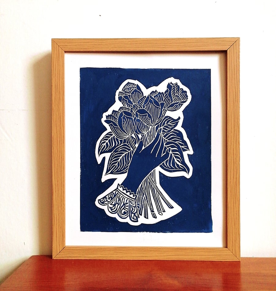 The hand that holds flowers Linoprint