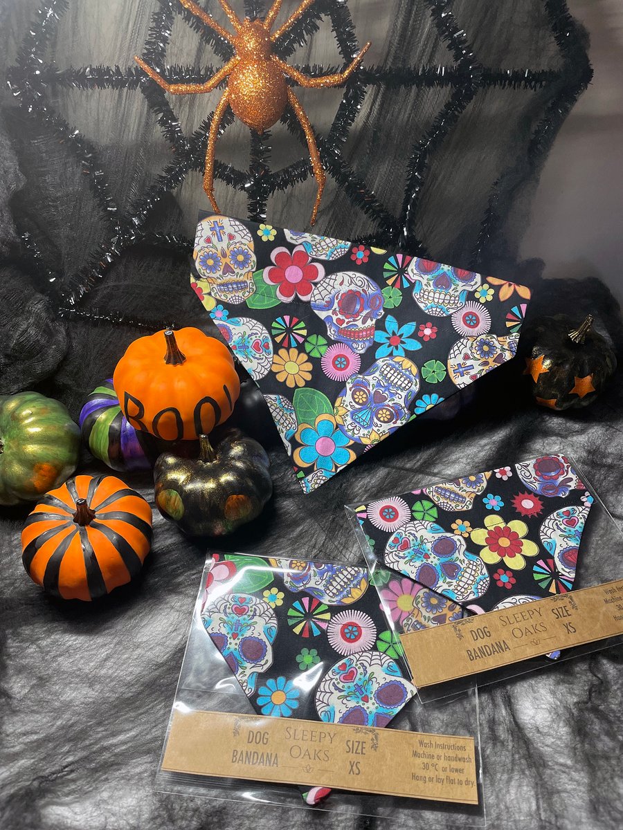 Extra Large Day of the Dead, Sugar Skulls Fabric slip-on pet bandana