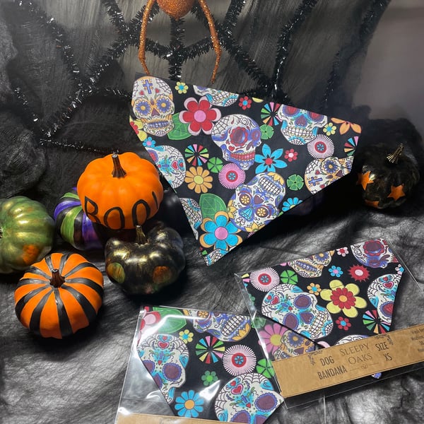 Extra Large Day of the Dead, Sugar Skulls Fabric slip-on pet bandana
