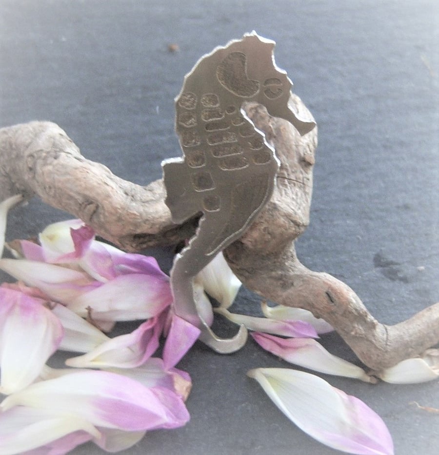 Seahorse brooch in etched pewter