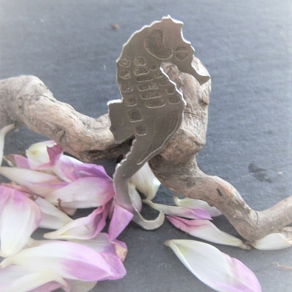 Seahorse brooch in etched pewter
