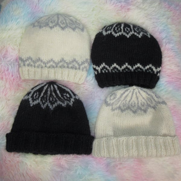pure wool hat icelandic snowflake pattern black or cream Free postage to UK