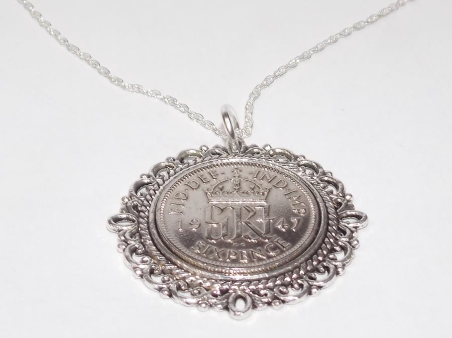 Fancy Pendant 1947 Lucky sixpence 74th Birthday plus a Sterling Silver 18in Chai
