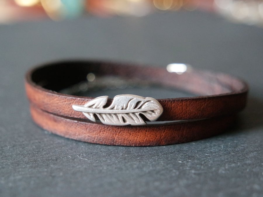Leather wrap bracelet - feather silver plated