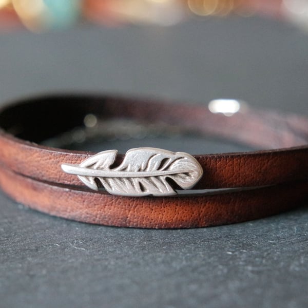 Leather wrap bracelet - feather silver plated