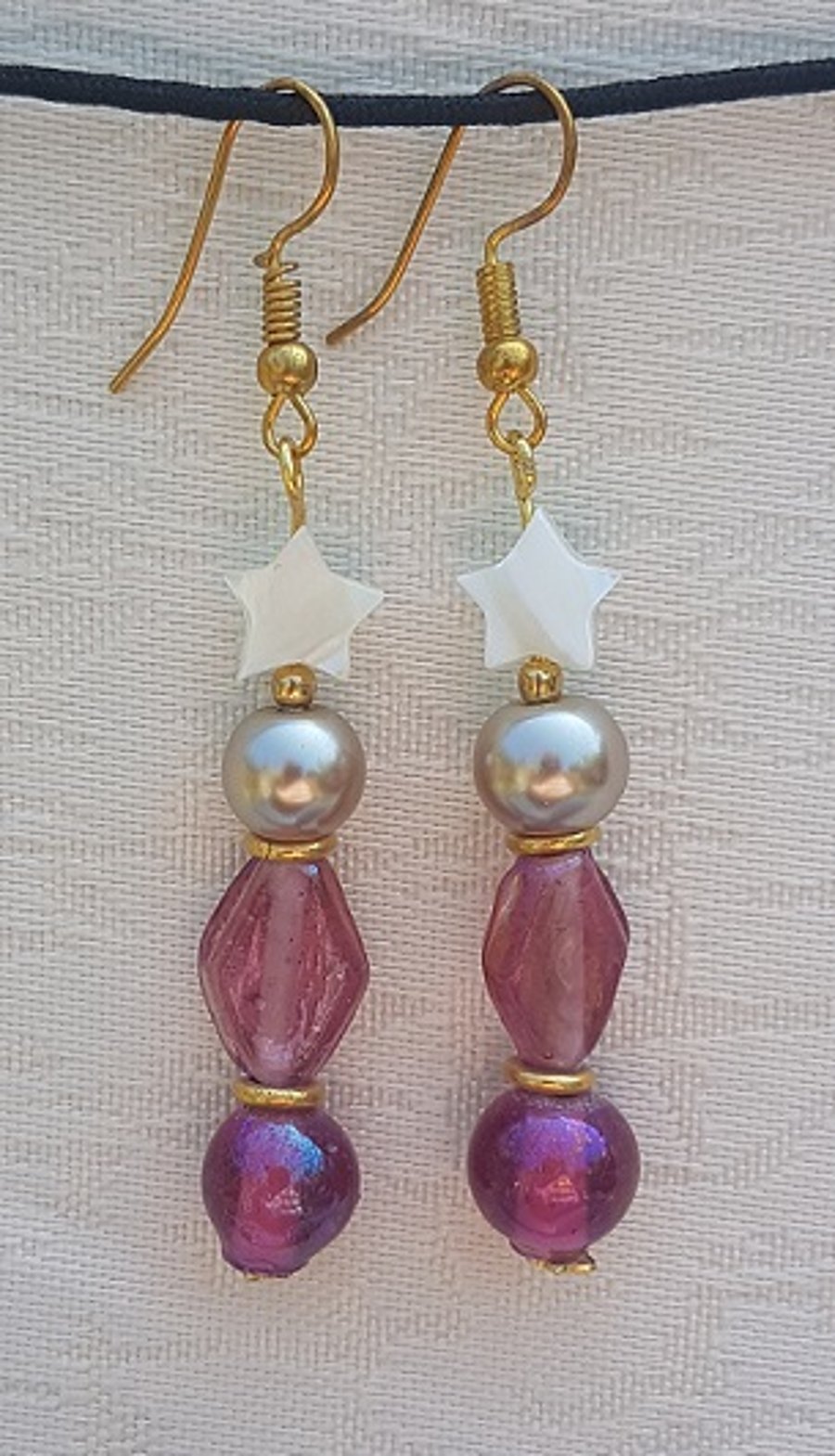 Lovely Pink glass and white stars Earrings