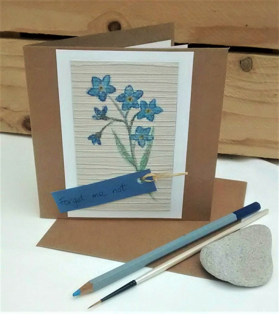 Greetings Card, Notelet, Forget me not, Handpainted Upcycled Card