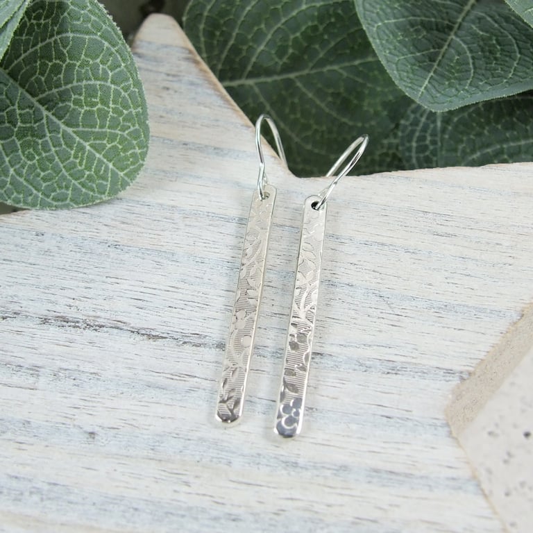 Earrings, Sterling Silver Flower Pattern Bar Droppers