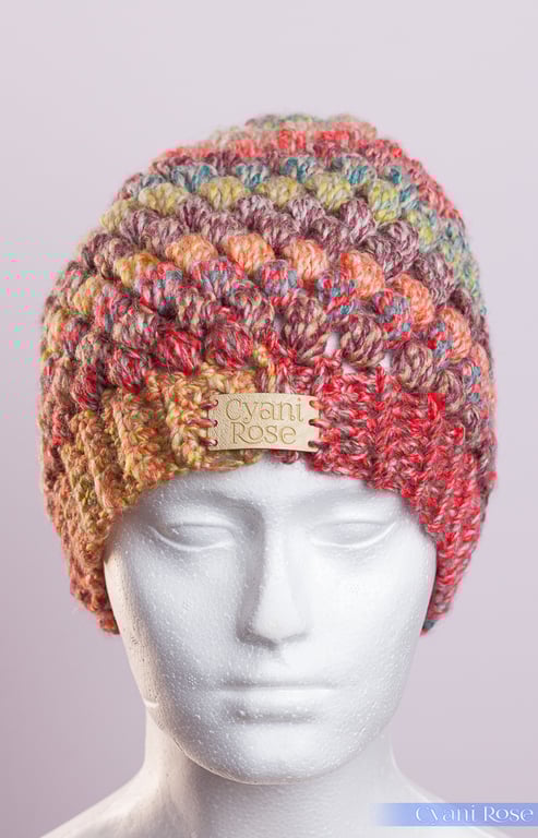 Hat-handmade crochet puff stitch beanie hat autumnal colours