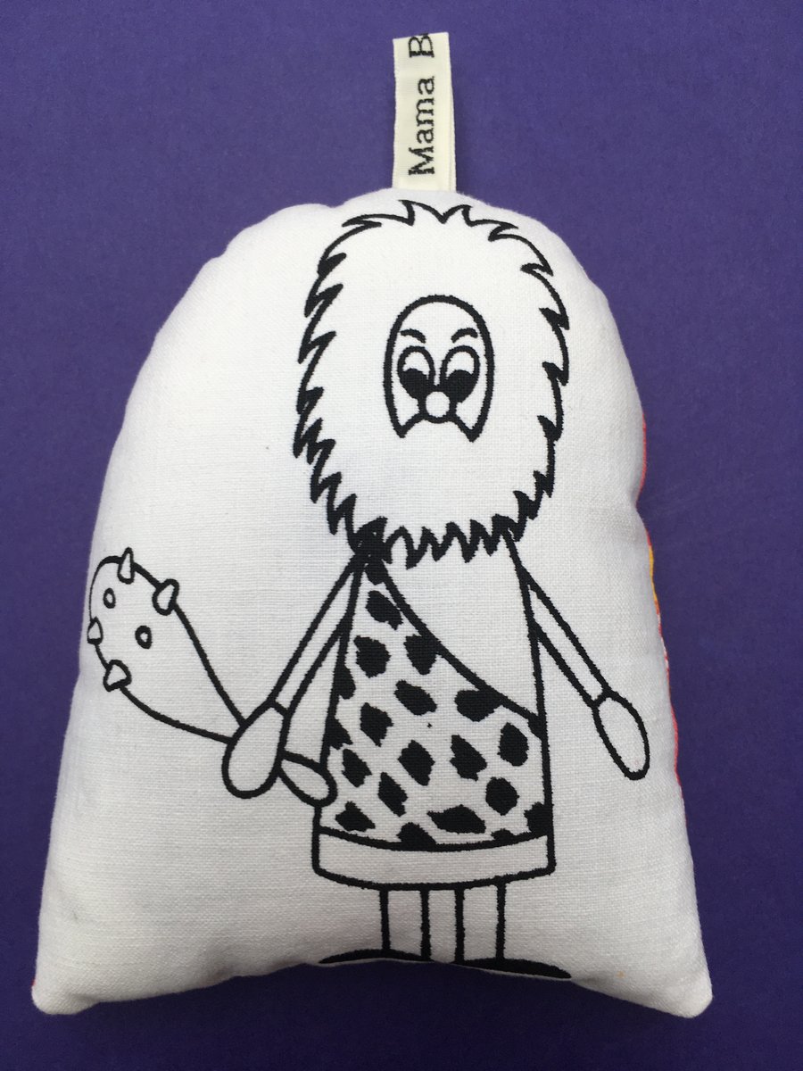 Hand Screen Printed Caveman Lavender Bag with Red and Yellow Vintage Fabric 