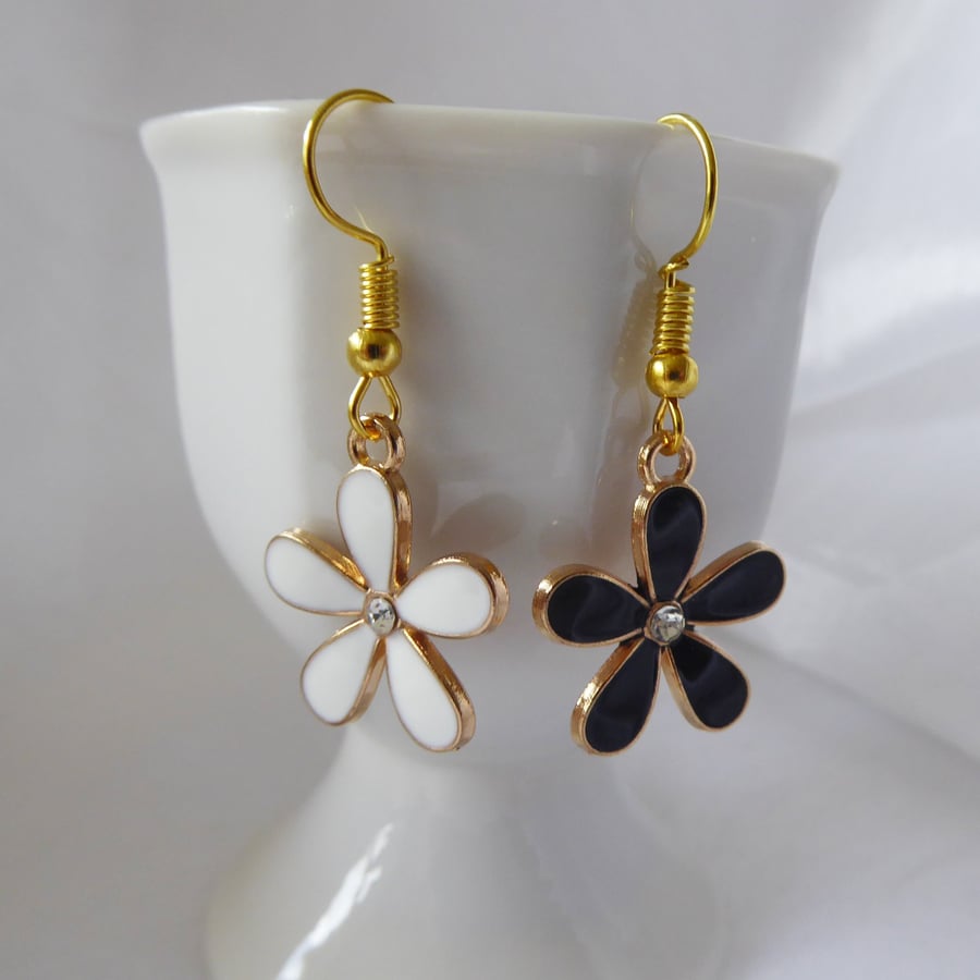 Pretty Black and White Enamel Flower Asymmetric Earrings, gold plated ear-wires