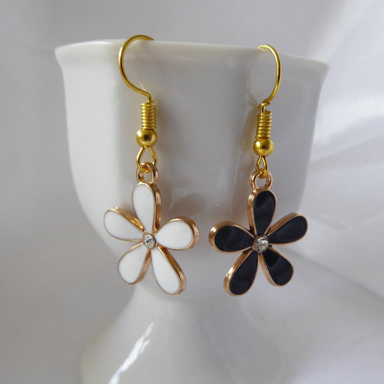 Pretty Black and White Enamel Flower Asymmetric Earrings, gold plated ear-wires