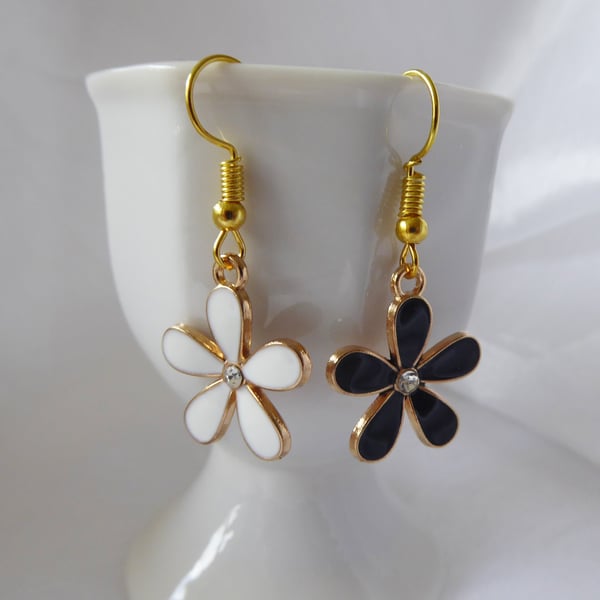 Pretty Black and White Enamel Flower Asymmetric Earrings, gold plated ear-wires