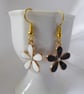 Pretty Black and White Enamel Flower Asymmetric Earrings, gold plated ear-wires