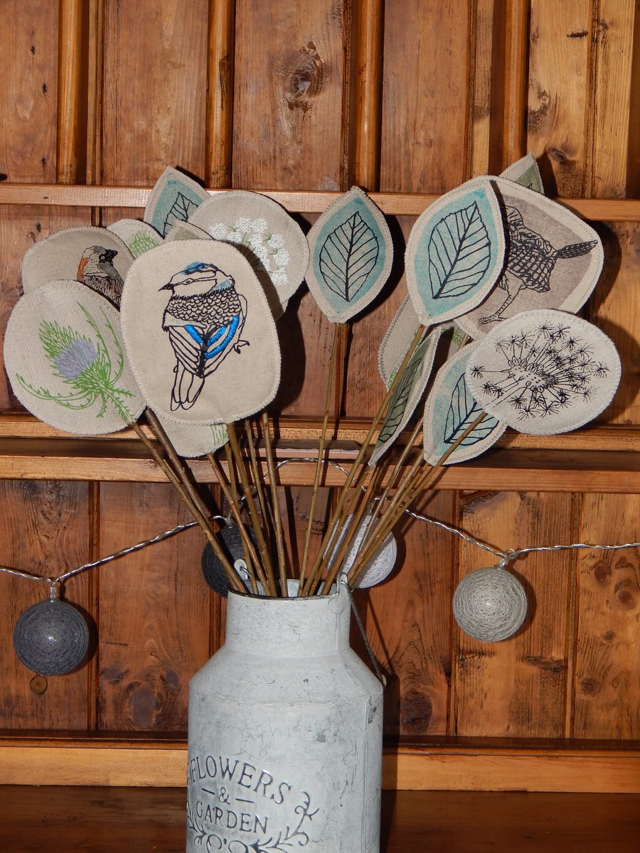 Willow and fabric - Screen printed  - Birds and wild flowers