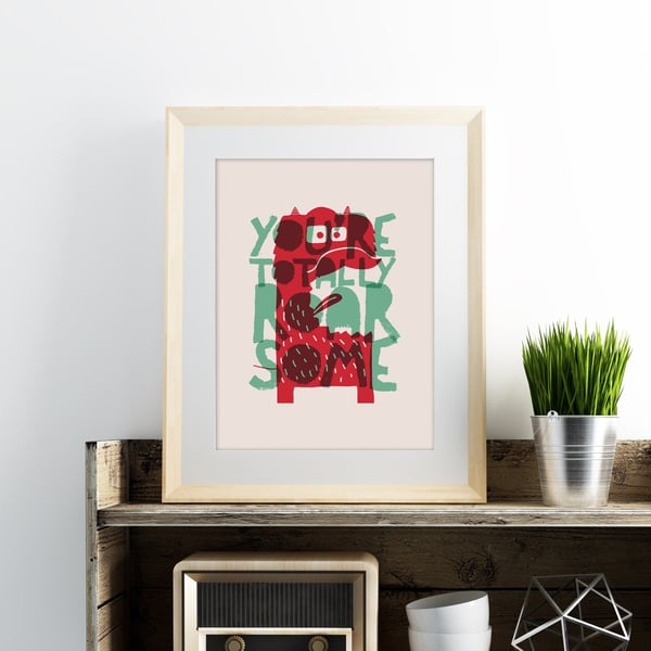 You're Totally Roarsome Wall Art Print, Wall Art Print, Typography Print
