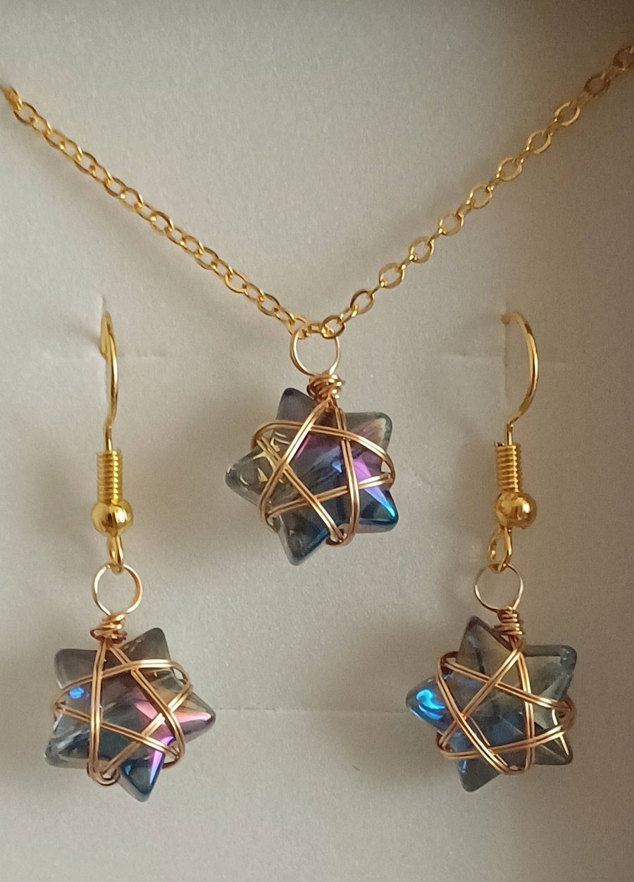 Wire Wrapped Star Necklace and Earrings - Purple