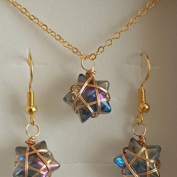 Wire Wrapped Star Necklace and Earrings - Purple