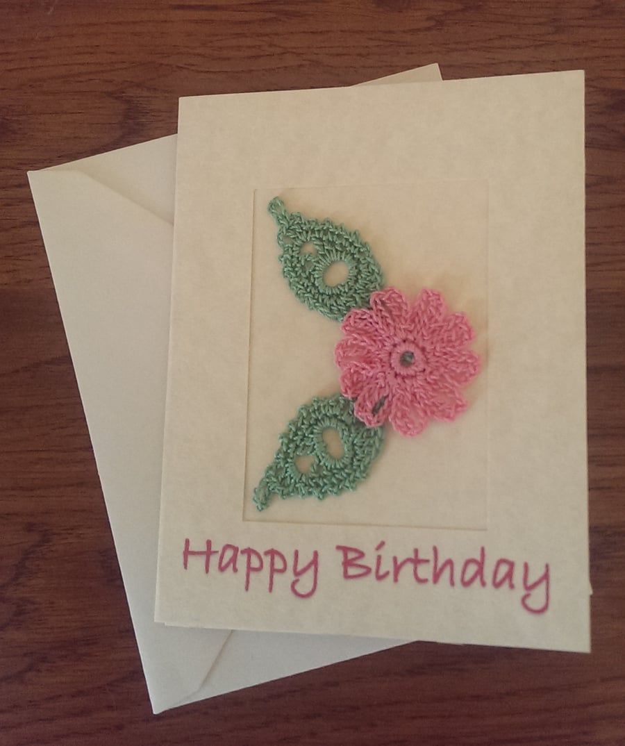 SMALL 'HAPPY BIRTHDAY' CARD WITH PRETTY PINK FLOWER ON CREAM MARBLE EFFECT CARD